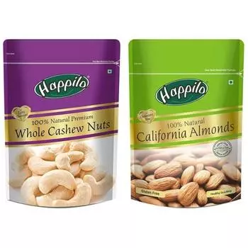 Цельные кешью премиум-класса Happilo 100% Natural, 200 г и калифорнийский миндаль премиум-класса Happilo 100% Natural, 200 г