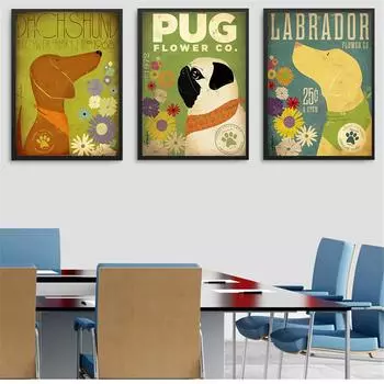 Цельные постеры и принты, настенное искусство Rrtro, цветочная собака, золотой бульдог, мопс, украшение для гостиной, винтажная картина на холсте Cuadros 21cm30cm NoFrame