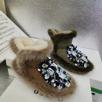 Цельные сапоги на меху. Зимние сапоги с бриллиантами и стразами. Теплые ботинки из флиса. Сапоги ручной работы из лисьего волоса для мужчин и женщин. 35