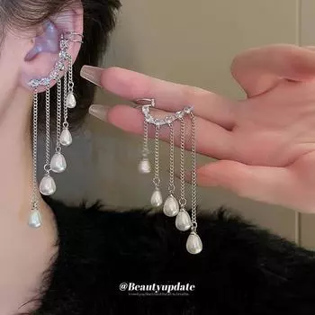 Цельные серебряные серьги с цирконом и жемчугом