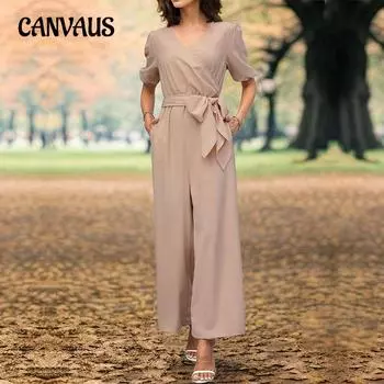 Цельные широкие брюки с v-образным вырезом, летний женский повседневный пригородный комбинезон с ремешками S абрикосовый