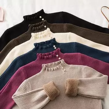 Цельный бархатный базовый слой с утолщенным флисом, осенне-зимний трикотажный свитер, женский пуловер, грибок, полувысокий ворот, дизайн с пуговицами One size чёрный