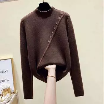 Цельный бархатный пуловер, женский свитер, осенне-зимний однотонный свободный пуловер с длинными рукавами и до середины шеи, женский свитер