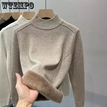 Цельный бархатный свитер, женский однотонный бархатный пуловер с полувысоким воротом, осенне-зимний повседневный толстый теплый вязаный свитер S чёрный