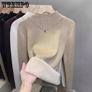 Цельный бархатный свитер, женский толстый бархатный пуловер, полувысокий ворот, вязаный свитер, внутренний топ, модный на осень и зиму S чёрный