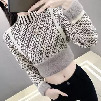 Цельный бархатный утепленный топ с полувысоким воротом, женский внутренний теплый базовый свитер S