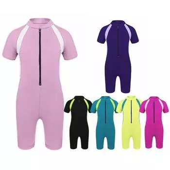 Цельный быстросохнущий гидрокостюм с короткими рукавами и молнией, купальный костюм, купальник для девочек 7-8 Years чёрный/красный