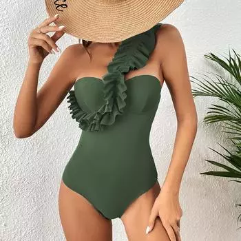Цельный купальник 2024 года, новый сексуальный однотонный купальник с оборками, женский желтый купальный костюм, пляжная одежда, открытая спина, монокини