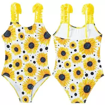 Цельный купальник без рукавов с принтом подсолнуха для девочек 5-14 лет, треугольный купальник 5-6Y