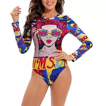 Цельный купальник Бикини Индивидуальный абстрактный принт Пляжная одежда Купальник с открытой спиной и длинными рукавами S