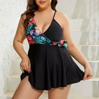 Цельный купальник большого размера с v-образным вырезом и цветочным принтом, женский купальный костюм XL