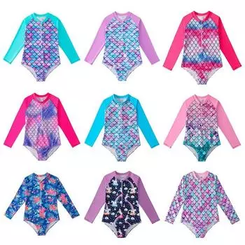 Цельный купальник для девочек, детский купальник, пляжный купальник с длинными рукавами 140