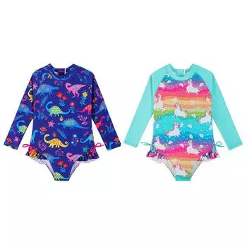 Цельный купальник для девочек от 4 до 9 лет, треугольный купальник с длинными рукавами и мультяшным принтом L