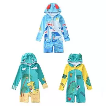 Цельный купальник для мальчиков от 1 до 7 лет, купальный костюм на молнии для малышей, купальный костюм с капюшоном, детский купальник с рисунком для маленьких мальчиков M