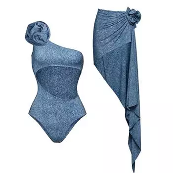Цельный купальник и юбка с джинсовым принтом для женщин, новинка 2024 года, купальник на одно плечо, женский пляжный костюм с 3D цветком, купальный костюм S