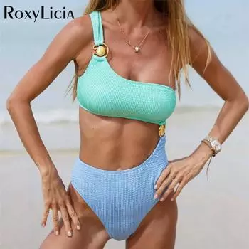 Цельный купальник на одно плечо с морщинистым жатым вырезом, женский купальник, женский купальный костюм для плавания S синий/зелёный