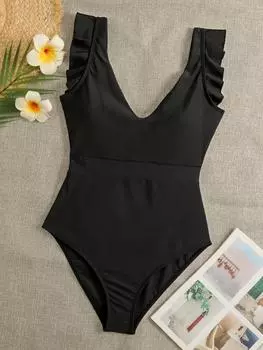 Цельный купальник, новый женский купальник с оборками, однотонный черный монокини, сексуальный купальный костюм для женщин, пляжная одежда S