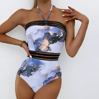 Цельный купальник с бретелькой на шее и принтом, женский купальник с мраморной посадкой, бикини с лямками на талии L