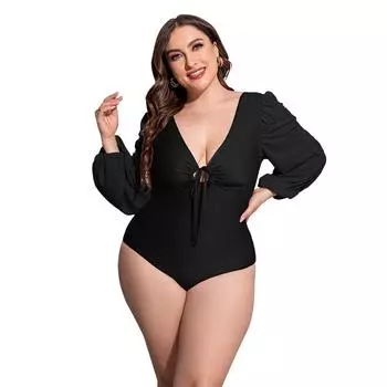 Цельный купальник с длинными рукавами, солнцезащитный крем, сексуальный купальник бикини больших размеров с v-образным вырезом 2XL чёрный