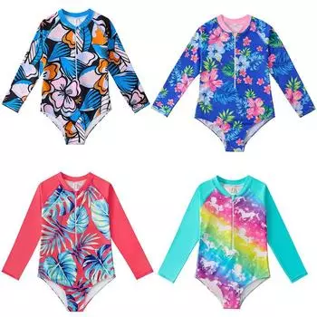 Цельный купальник с длинными рукавами для девочек, боди на молнии с милым мультяшным принтом, купальники, солнцезащитный крем, пляжная одежда для детей 3-12 лет 120