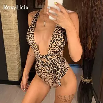 Цельный купальник с глубоким V-образным вырезом и запахом, женский купальник, женский купальник с леопардовым принтом, купальный костюм с высоким вырезом, монокини для плавания S чёрный