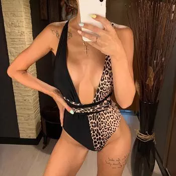Цельный купальник с глубоким V-образным вырезом и запахом, женский купальник, женский купальник с леопардовым принтом, купальный костюм с высоким вырезом, монокини для плавания S чёрный