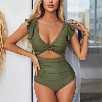 Цельный купальник с рюшами для женщин, монокини с V-образным вырезом и рюшами, купальные костюмы, одежда для пляжного серфинга S розовый