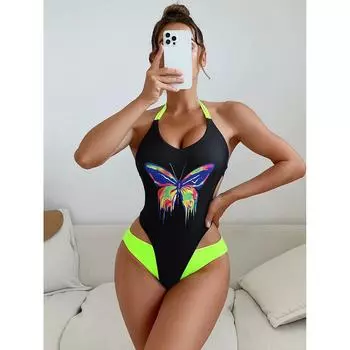Цельный купальник с высоким вырезом для женщин, лето 2023, неоновый лоскутный купальник с открытой спиной, 1 цельный купальник, купальный костюм для женщин, купальный костюм S