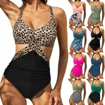 Цельный купальник женский, черный купальник с лямкой на шее, большой размер, купальный костюм с эффектом пуш-ап, сексуальное боди с талией S