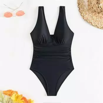 Цельный купальник, женский купальник с v-образным вырезом, новый однотонный черный сексуальный боди-монокини, купальный костюм для женщин, летняя пляжная одежда S чёрный