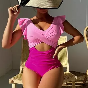 Цельный купальник, женский новый купальник с v-образным вырезом и рюшами, сексуальное боди-монокини, купальный костюм для женщин, летняя пляжная одежда с открытой спиной S чёрный