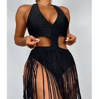 Цельный купальник, женский однотонный черный купальник с кисточками, купальный костюм, женская бразильская пляжная одежда, летняя одежда L