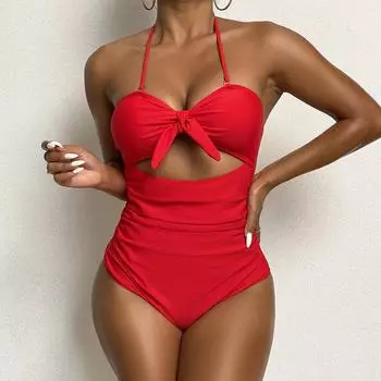 Цельный купальник женский, однотонный красный монокини с лямкой на шнуровке, сексуальный купальный костюм женский S