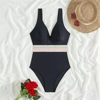 Цельный купальник женский сплошной V-образный вырез купальник новый сексуальный слинг спинка монокини купальный костюм для женщин летний пляжный боди S чёрный