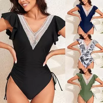 Цельный купальный костюм для женщин, глубокий V-образный вырез, оборки, цельный бикини, открытая спина, купальный костюм S чёрный