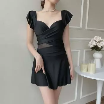 Цельный однотонный французский купальник консервативный и тонкий стальной лоток бюстгальтер платье купальник S чёрный