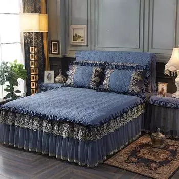 Цельный роскошный стеганый домашний простынь с кружевным подолом, утолщенное постиранное хлопковое однотонное покрывало без наволочки Bed Skirt 150x200cm