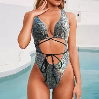 Цельный сексуальный купальник из искусственной кожи с завязками L