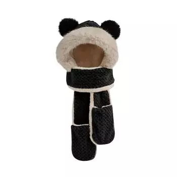 Цельный шарф-шапка Bear для женщин и зимой, плюшевый шарф и перчатки для езды на велосипеде, защищающие от холода One Size чёрный