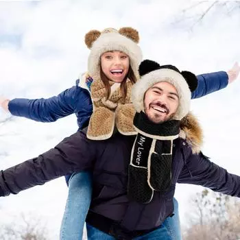 Цельный шарф-шапка Bear для женщин и зимой, плюшевый шарф и перчатки для езды на велосипеде, защищающие от холода One Size чёрный