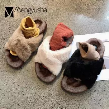 Celebrity Cross band fur slippers women winter shoes warm plush pantuflas thicken soled mixed colors fleeces slides mujer 5 чёрный