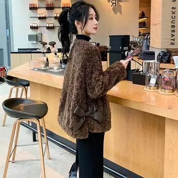 Celebrity style lamb wool coat women s new Korean version granular velvet bow lamb wool imitation fur integrated tide M [recommended 90-52.5 kg] кофейный