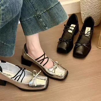 Серебристые туфли Мэри Джейн в стиле знаменитостей, женские туфли с бантом, кожаные туфли с маленьким бантом, весенние и летние платья, высокие каблуки 35 серебряный