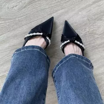 Celebrity temperament satin high heels female 2025 autumn thin heel pearl kink side empty single shoes fairy style versatile 99 half-yard pad