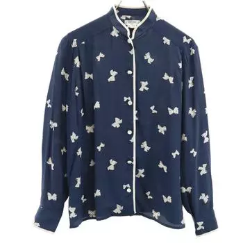 CELINE 100% Silk Old Ribbon Pattern Long sleeve shirt 40 Navy system Women Used