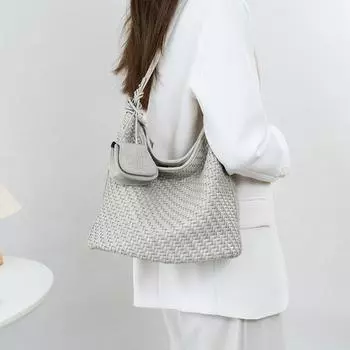 Celingvis Niche Woven Shoulder Bag Women 2025 New Commuter Fashion Soft Leather Casual Bucket Messenger Bag Mi Yue Mi Grey