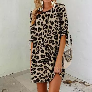 Celmia Летнее повседневное женское свободное мини-платье с леопардовым принтом и коротким рукавом большого размера S хаки
