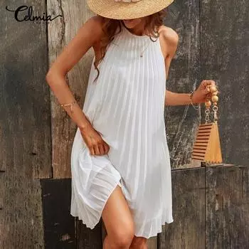 Celmia летнее тонкое женское модное вечернее мини-платье без рукавов плиссированный сарафан однотонное повседневное свободное короткое платье размера плюс 2XL жёлтый