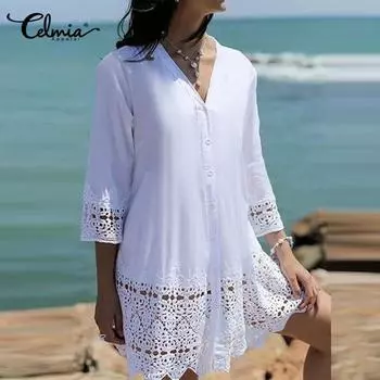 Celmia летнее женское мини-платье с рукавом 3/4 Vestidos вязанное крючком кружевное шитье с v-образным вырезом повседневные свободные платья размера плюс