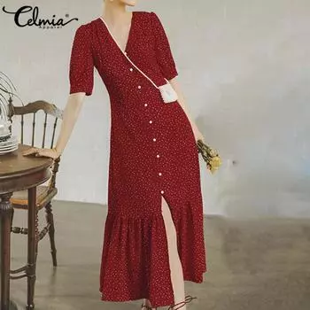 Celmia, летнее женское модное богемное сексуальное длинное платье в горошек с v-образным вырезом и коротким рукавом, праздничное повседневное свободное платье макси больших размеров, Vestidos 4XL белый